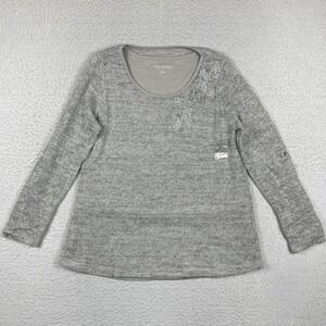 Soft Surroundings Sweater Womens Medium Gray Floral Embroidered Shirt Faux Pearl